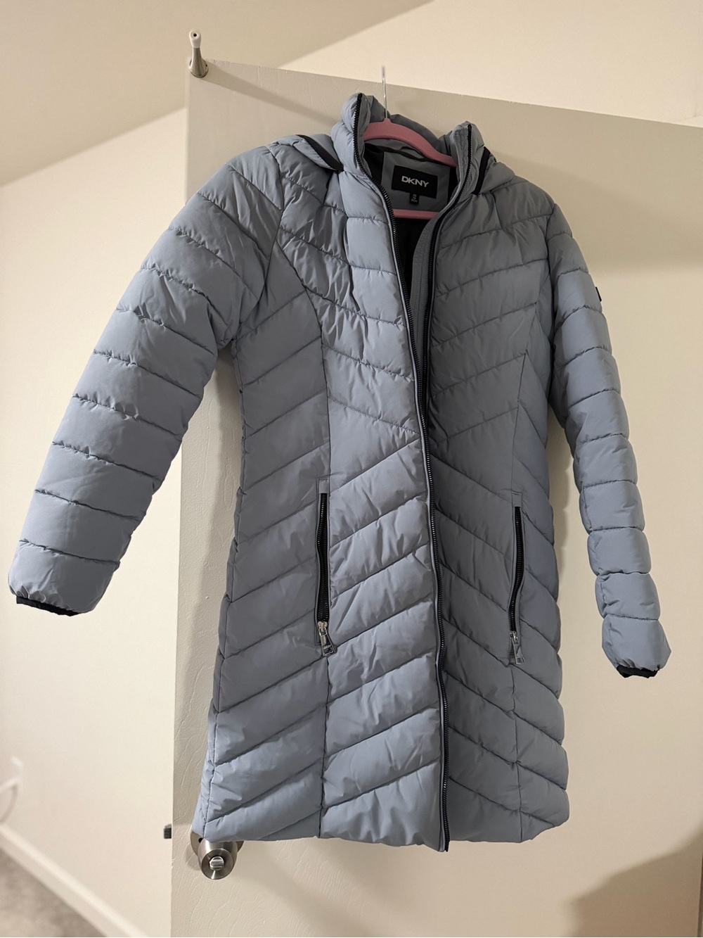 DKNY Light Gray Quilted Long Puffer Coat with Hood